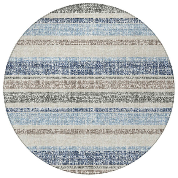 HomeRoots 5' Durable Navy Blue and Beige Striped Area Rug - Stylish, Machine-Washable for Indoor & Outdoor Use 8' Round 632229