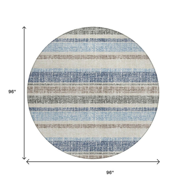 HomeRoots 5' Durable Navy Blue and Beige Striped Area Rug - Stylish, Machine-Washable for Indoor & Outdoor Use 8' Round 632229