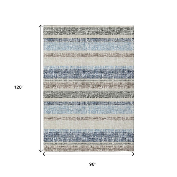 HomeRoots 5' Durable Navy Blue and Beige Striped Area Rug - Stylish, Machine-Washable for Indoor & Outdoor Use 8' X 10' 632230