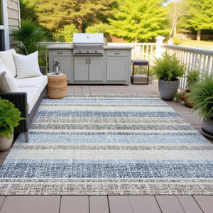 HomeRoots 5' Durable Navy Blue and Beige Striped Area Rug - Stylish, Machine-Washable for Indoor & Outdoor Use 9' X 12' 632231