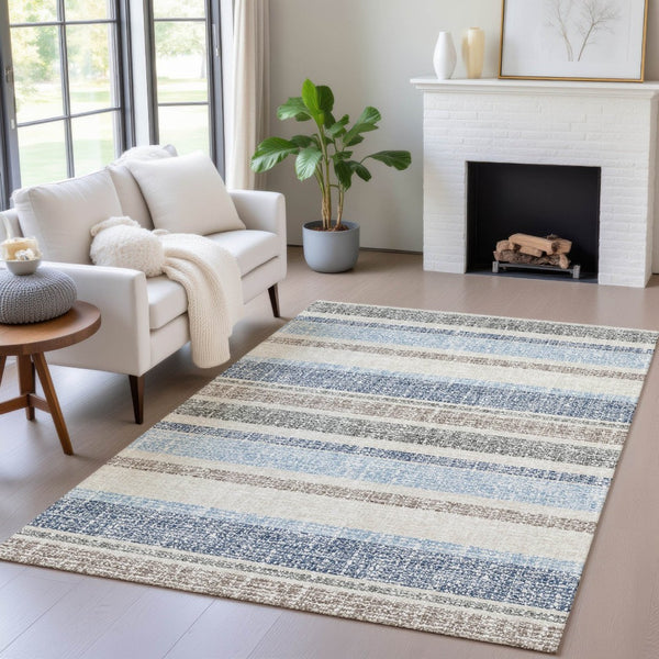 HomeRoots 5' Durable Navy Blue and Beige Striped Area Rug - Stylish, Machine-Washable for Indoor & Outdoor Use 9' X 12' 632231