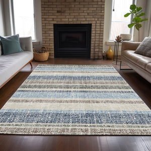 HomeRoots 5' Durable Navy Blue and Beige Striped Area Rug - Stylish, Machine-Washable for Indoor & Outdoor Use 10' X 14' 632232