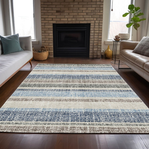 HomeRoots 5' Durable Navy Blue and Beige Striped Area Rug - Stylish, Machine-Washable for Indoor & Outdoor Use 10' X 14' 632232