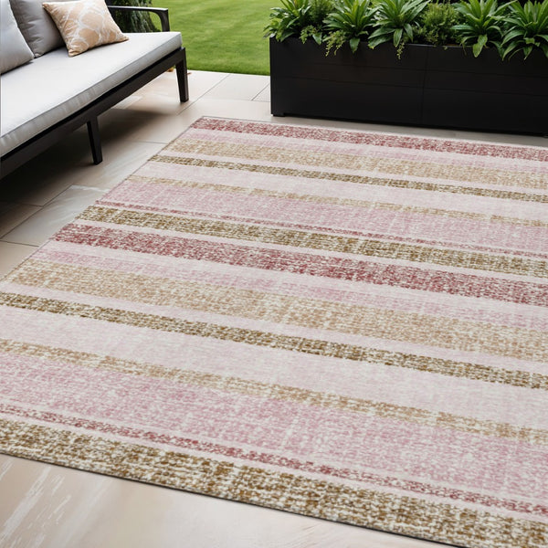 HomeRoots 5' Pink and Beige Striped Indoor Outdoor Area Rug – Durable, Washable, Stylish for Any Space 5' X 8' 632234