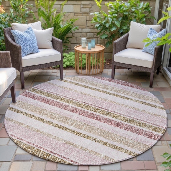 HomeRoots 5' Pink and Beige Striped Indoor Outdoor Area Rug – Durable, Washable, Stylish for Any Space 8' Round 632235