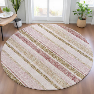 HomeRoots 5' Pink and Beige Striped Indoor Outdoor Area Rug – Durable, Washable, Stylish for Any Space 8' Round 632235
