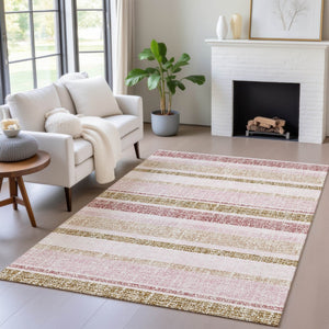 HomeRoots 5' Pink and Beige Striped Indoor Outdoor Area Rug – Durable, Washable, Stylish for Any Space 8' X 10' 632236