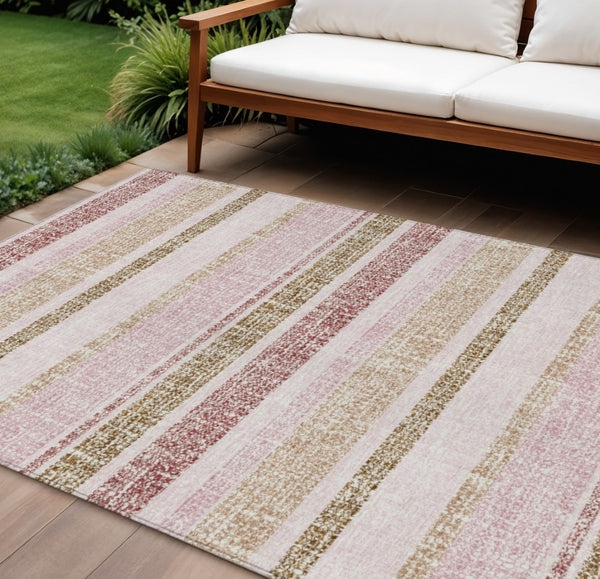 HomeRoots 5' Pink and Beige Striped Indoor Outdoor Area Rug – Durable, Washable, Stylish for Any Space 9' X 12' 632237