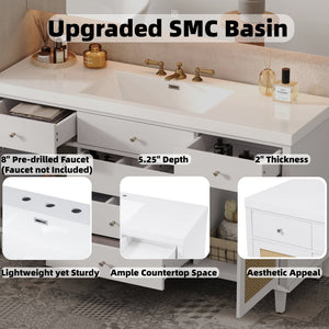 English Elm Christopher Knight Home® - 60" Modern Bathroom Vanity with Durable SMC Sink, Rattan Doors, Soft-Close Drawers, Pine Legs White N817P296130W