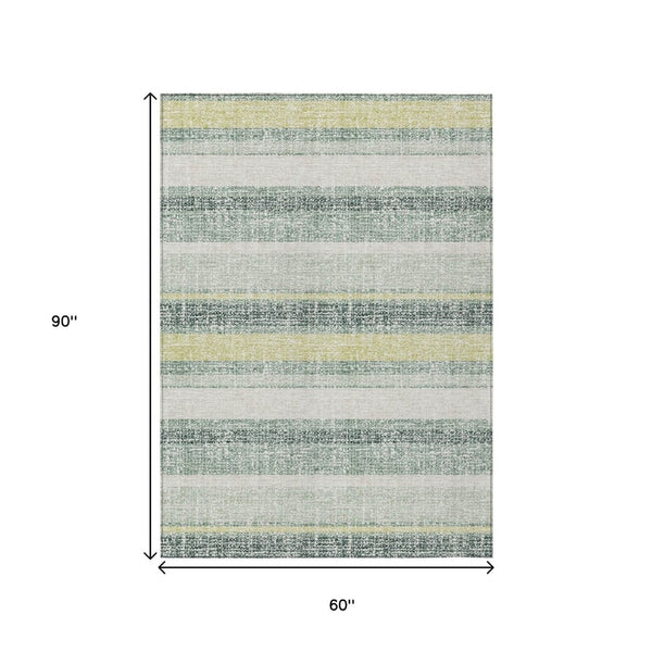 HomeRoots 5' Stylish Pale Aqua and Lime Green Striped Washable Rug – Durable Indoor Outdoor Area Essential 5' X 8' 632240