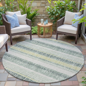 HomeRoots 5' Stylish Pale Aqua and Lime Green Striped Washable Rug – Durable Indoor Outdoor Area Essential 8' Round 632241