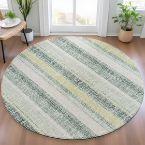 HomeRoots 5' Stylish Pale Aqua and Lime Green Striped Washable Rug – Durable Indoor Outdoor Area Essential 8' Round 632241
