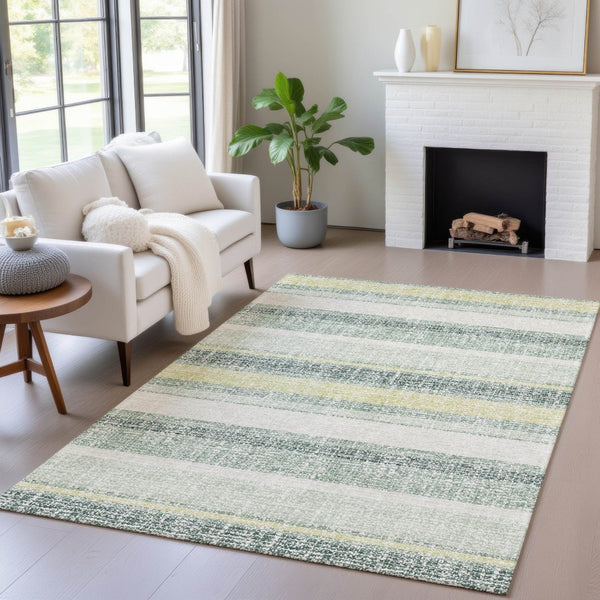HomeRoots 5' Stylish Pale Aqua and Lime Green Striped Washable Rug – Durable Indoor Outdoor Area Essential 8' X 10' 632242
