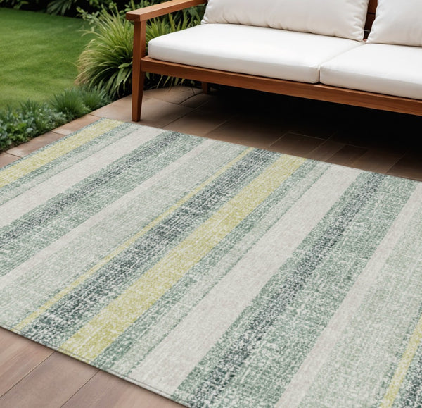 HomeRoots 5' Stylish Pale Aqua and Lime Green Striped Washable Rug – Durable Indoor Outdoor Area Essential 10' X 14' 632244