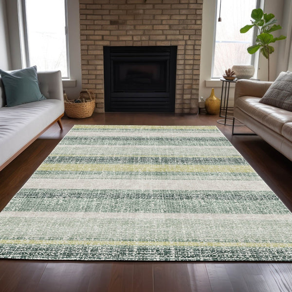 HomeRoots 5' Stylish Pale Aqua and Lime Green Striped Washable Rug – Durable Indoor Outdoor Area Essential 10' X 14' 632244