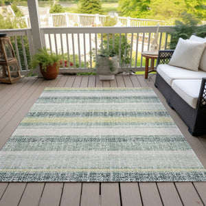 HomeRoots 5' Stylish Pale Aqua and Lime Green Striped Washable Rug – Durable Indoor Outdoor Area Essential 10' X 14' 632244