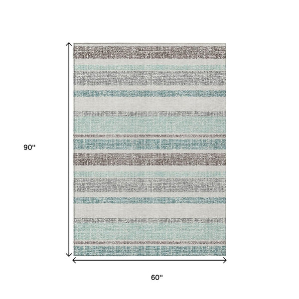 HomeRoots 5' Stylish Teal Blue and Gray Striped Washable Area Rug for Indoor and Outdoor Durability and Comfort 5' X 8' 632246