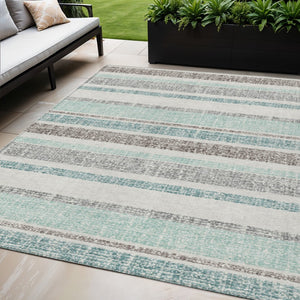HomeRoots 5' Stylish Teal Blue and Gray Striped Washable Area Rug for Indoor and Outdoor Durability and Comfort 5' X 8' 632246