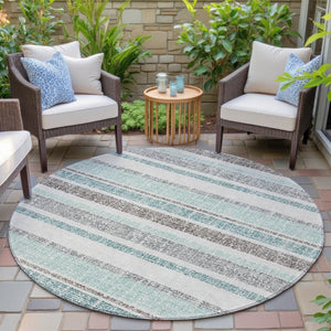 HomeRoots 5' Stylish Teal Blue and Gray Striped Washable Area Rug for Indoor and Outdoor Durability and Comfort 8' Round 632247