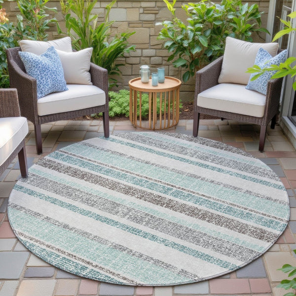 HomeRoots 5' Stylish Teal Blue and Gray Striped Washable Area Rug for Indoor and Outdoor Durability and Comfort 8' Round 632247