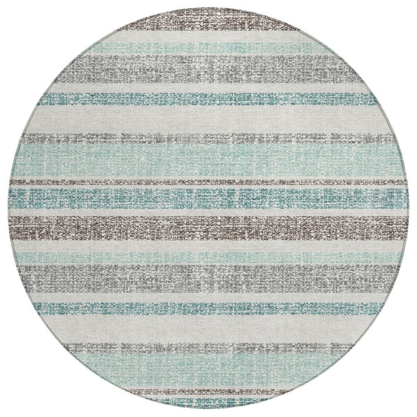 HomeRoots 5' Stylish Teal Blue and Gray Striped Washable Area Rug for Indoor and Outdoor Durability and Comfort 8' Round 632247