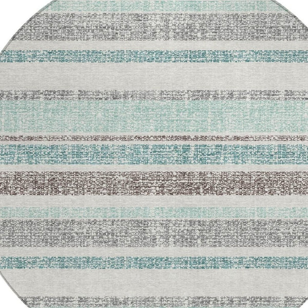 HomeRoots 5' Stylish Teal Blue and Gray Striped Washable Area Rug for Indoor and Outdoor Durability and Comfort 8' Round 632247