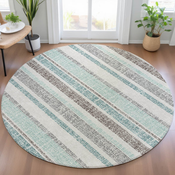 HomeRoots 5' Stylish Teal Blue and Gray Striped Washable Area Rug for Indoor and Outdoor Durability and Comfort 8' Round 632247