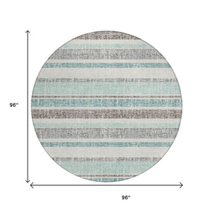 HomeRoots 5' Stylish Teal Blue and Gray Striped Washable Area Rug for Indoor and Outdoor Durability and Comfort 8' Round 632247