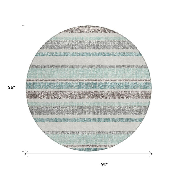 HomeRoots 5' Stylish Teal Blue and Gray Striped Washable Area Rug for Indoor and Outdoor Durability and Comfort 8' Round 632247