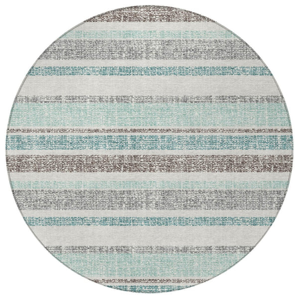 HomeRoots 5' Stylish Teal Blue and Gray Striped Washable Area Rug for Indoor and Outdoor Durability and Comfort 8' Round 632247