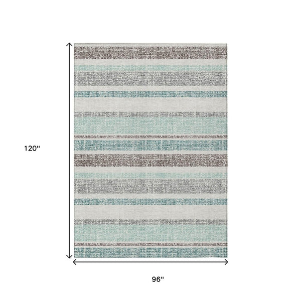 HomeRoots 5' Stylish Teal Blue and Gray Striped Washable Area Rug for Indoor and Outdoor Durability and Comfort 8' X 10' 632248