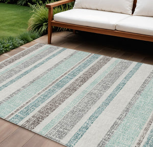 HomeRoots 5' Stylish Teal Blue and Gray Striped Washable Area Rug for Indoor and Outdoor Durability and Comfort 8' X 10' 632248
