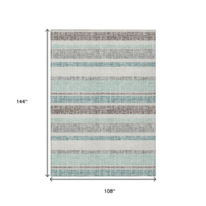 HomeRoots 5' Stylish Teal Blue and Gray Striped Washable Area Rug for Indoor and Outdoor Durability and Comfort 9' X 12' 632249