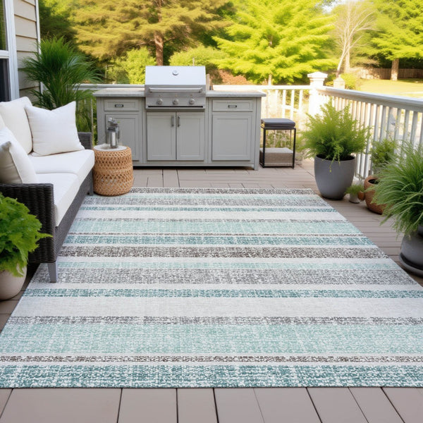 HomeRoots 5' Stylish Teal Blue and Gray Striped Washable Area Rug for Indoor and Outdoor Durability and Comfort 9' X 12' 632249