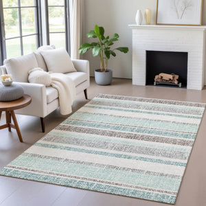 HomeRoots 5' Stylish Teal Blue and Gray Striped Washable Area Rug for Indoor and Outdoor Durability and Comfort 9' X 12' 632249