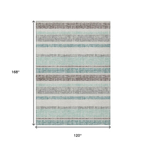 HomeRoots 5' Stylish Teal Blue and Gray Striped Washable Area Rug for Indoor and Outdoor Durability and Comfort 10' X 14' 632250