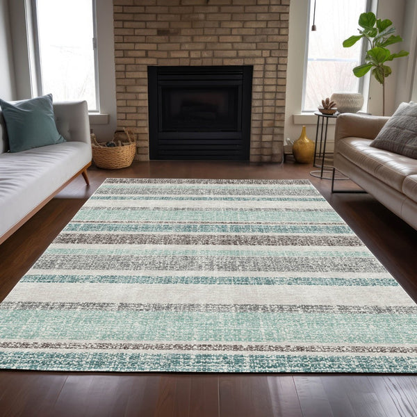 HomeRoots 5' Stylish Teal Blue and Gray Striped Washable Area Rug for Indoor and Outdoor Durability and Comfort 10' X 14' 632250