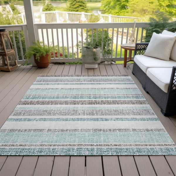 HomeRoots 5' Stylish Teal Blue and Gray Striped Washable Area Rug for Indoor and Outdoor Durability and Comfort 10' X 14' 632250