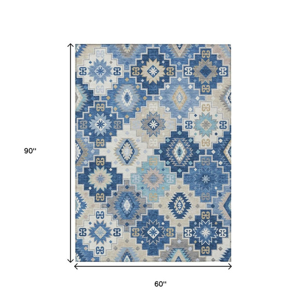 HomeRoots 5' Southwestern-Inspired Area Rug in Blue Beige & Sky Blue - Durable, Washable, Indoor/Outdoor Use 5' X 8' 632258