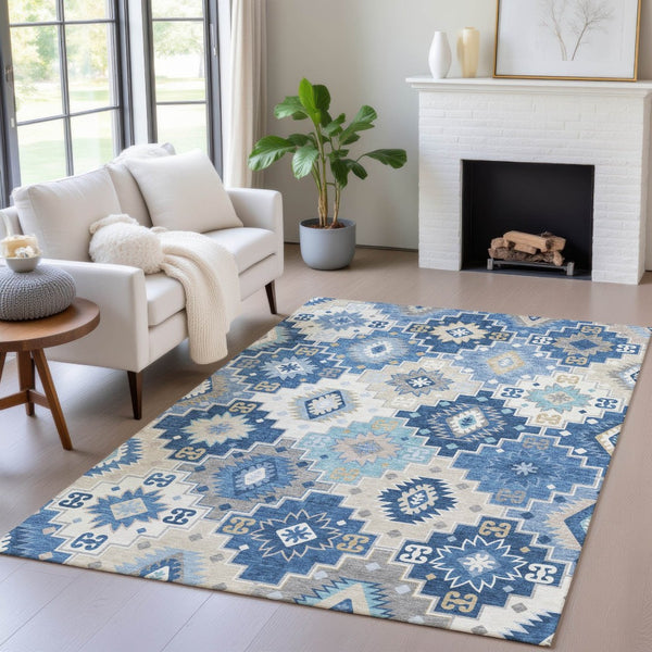 HomeRoots 5' Southwestern-Inspired Area Rug in Blue Beige & Sky Blue - Durable, Washable, Indoor/Outdoor Use 5' X 8' 632258