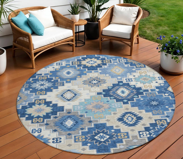 HomeRoots 5' Southwestern-Inspired Area Rug in Blue Beige & Sky Blue - Durable, Washable, Indoor/Outdoor Use 8' Round 632259