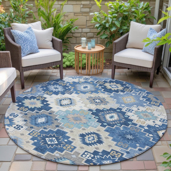 HomeRoots 5' Southwestern-Inspired Area Rug in Blue Beige & Sky Blue - Durable, Washable, Indoor/Outdoor Use 8' Round 632259