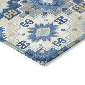 HomeRoots 5' Southwestern-Inspired Area Rug in Blue Beige & Sky Blue - Durable, Washable, Indoor/Outdoor Use 8' Round 632259