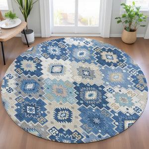 HomeRoots 5' Southwestern-Inspired Area Rug in Blue Beige & Sky Blue - Durable, Washable, Indoor/Outdoor Use 8' Round 632259