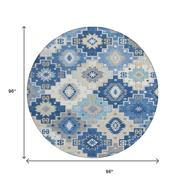 HomeRoots 5' Southwestern-Inspired Area Rug in Blue Beige & Sky Blue - Durable, Washable, Indoor/Outdoor Use 8' Round 632259