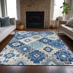 HomeRoots 5' Southwestern-Inspired Area Rug in Blue Beige & Sky Blue - Durable, Washable, Indoor/Outdoor Use 9' X 12' 632261