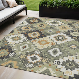 HomeRoots 5' Southwestern Area Rug in Fern Green, Gold, and Charcoal – Washable for Indoor & Outdoor Use 5' X 8' 632264