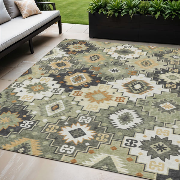 HomeRoots 5' Southwestern Area Rug in Fern Green, Gold, and Charcoal – Washable for Indoor & Outdoor Use 5' X 8' 632264