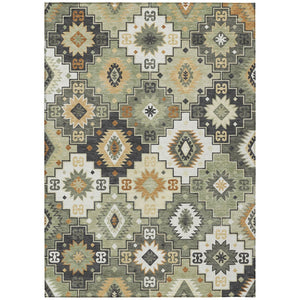HomeRoots 5' Southwestern Area Rug in Fern Green, Gold, and Charcoal – Washable for Indoor & Outdoor Use 5' X 8' 632264