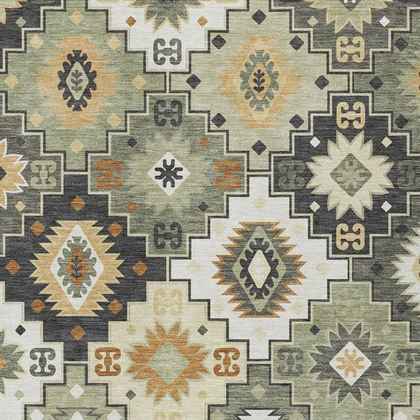 HomeRoots 5' Southwestern Area Rug in Fern Green, Gold, and Charcoal – Washable for Indoor & Outdoor Use 5' X 8' 632264